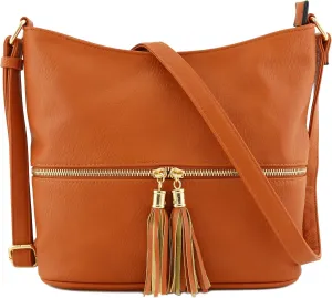 FashionPuzzle Lightweight Tassel Zipper Bucket Crossbody Bag