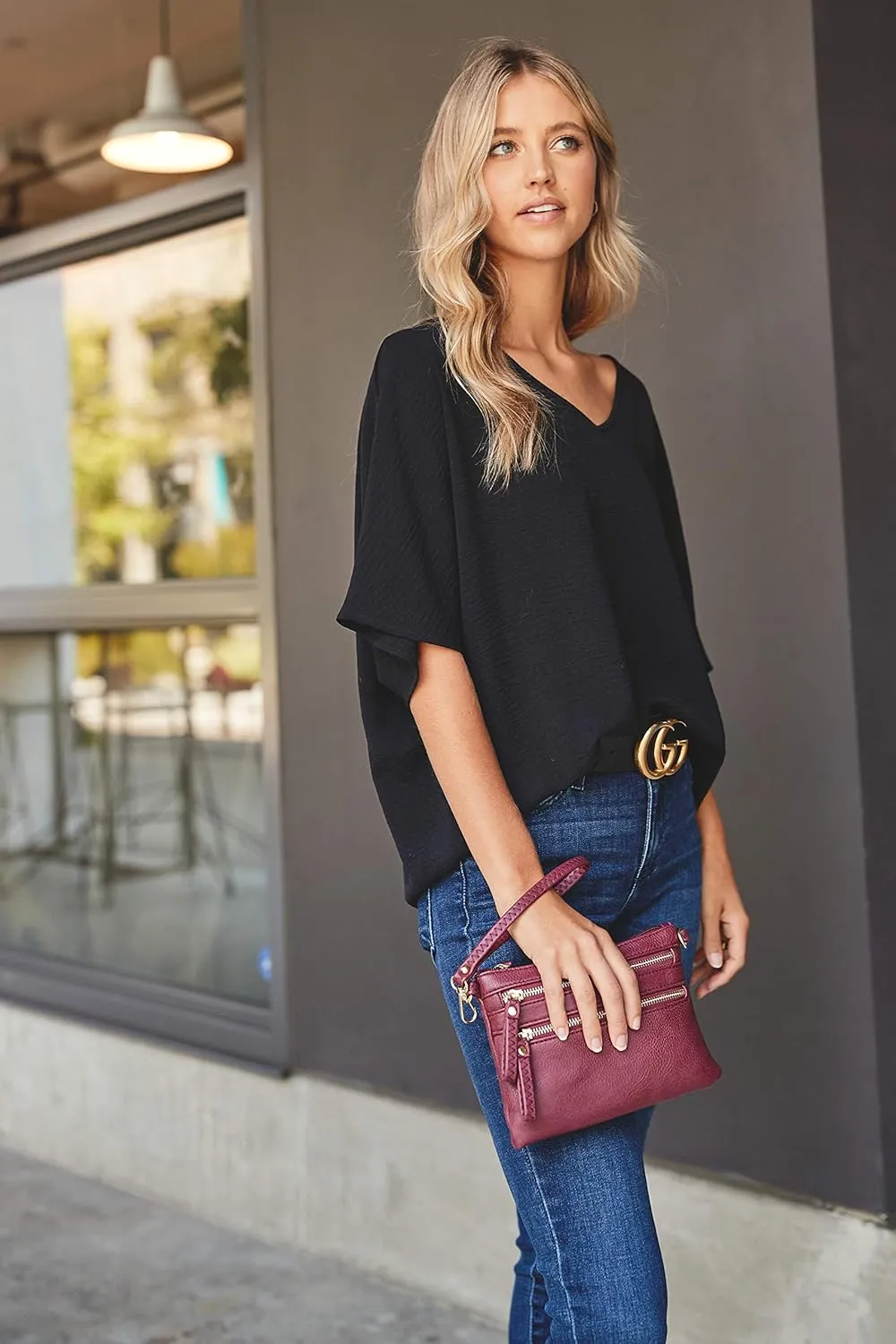 FashionPuzzle Multi Zipper Pocket Small Wristlet Crossbody Bag