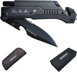 Father's Gift Folding Pocket Knives Multi Function Emergency Tool Knives Led Light Magnesium fire starter Seatbelt cutter Glass breaker Bottle opener（Black）
