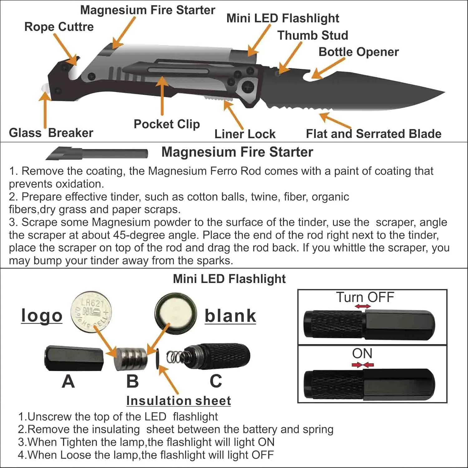 Father's Gift Folding Pocket Knives Multi Function Emergency Tool Knives Led Light Magnesium fire starter Seatbelt cutter Glass breaker Bottle opener（Black）