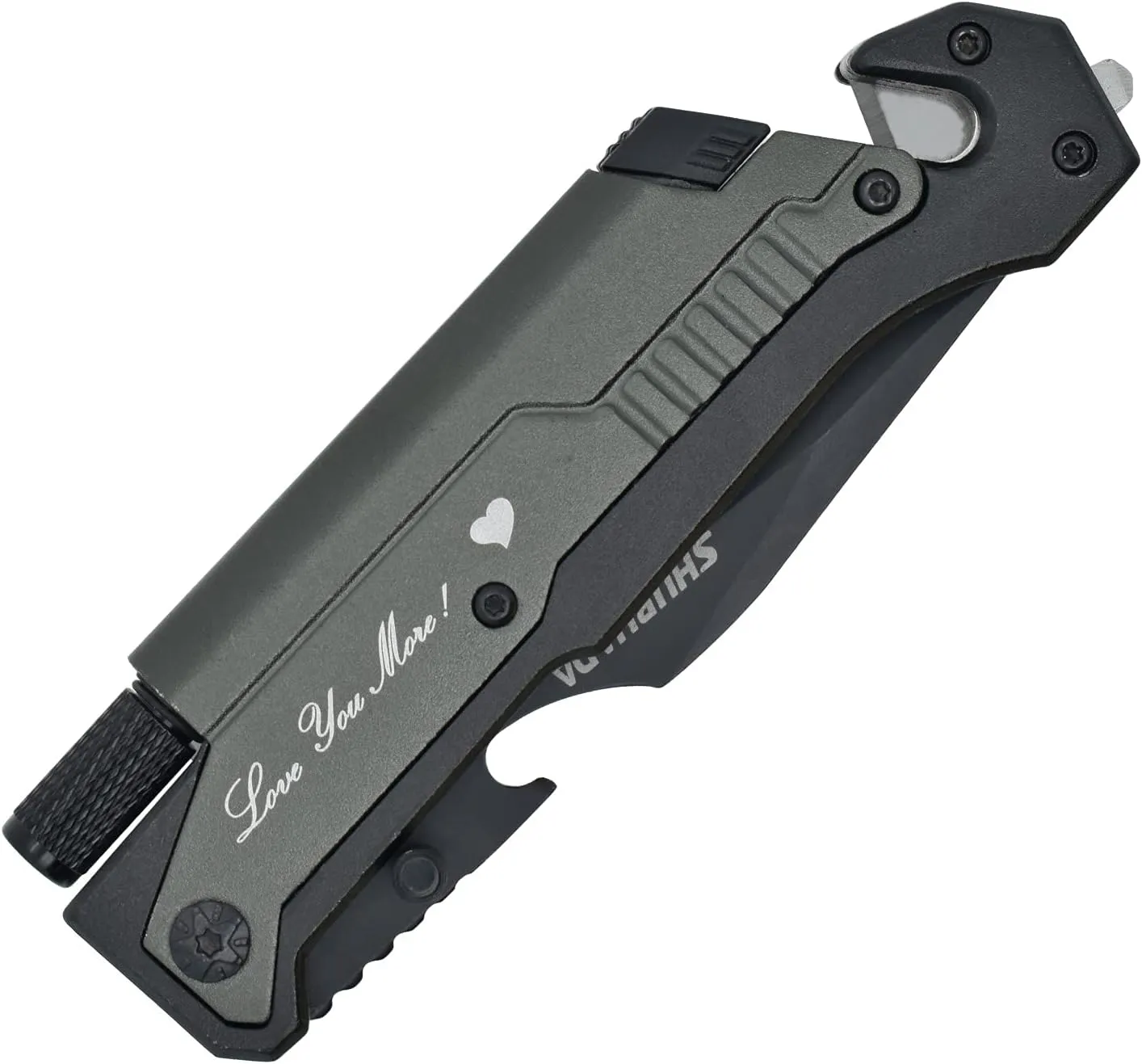 Father's Gift Folding Pocket Knives Multi Function Emergency Tool Knives Led Light Magnesium fire starter Seatbelt cutter Glass breaker Bottle opener（Black）