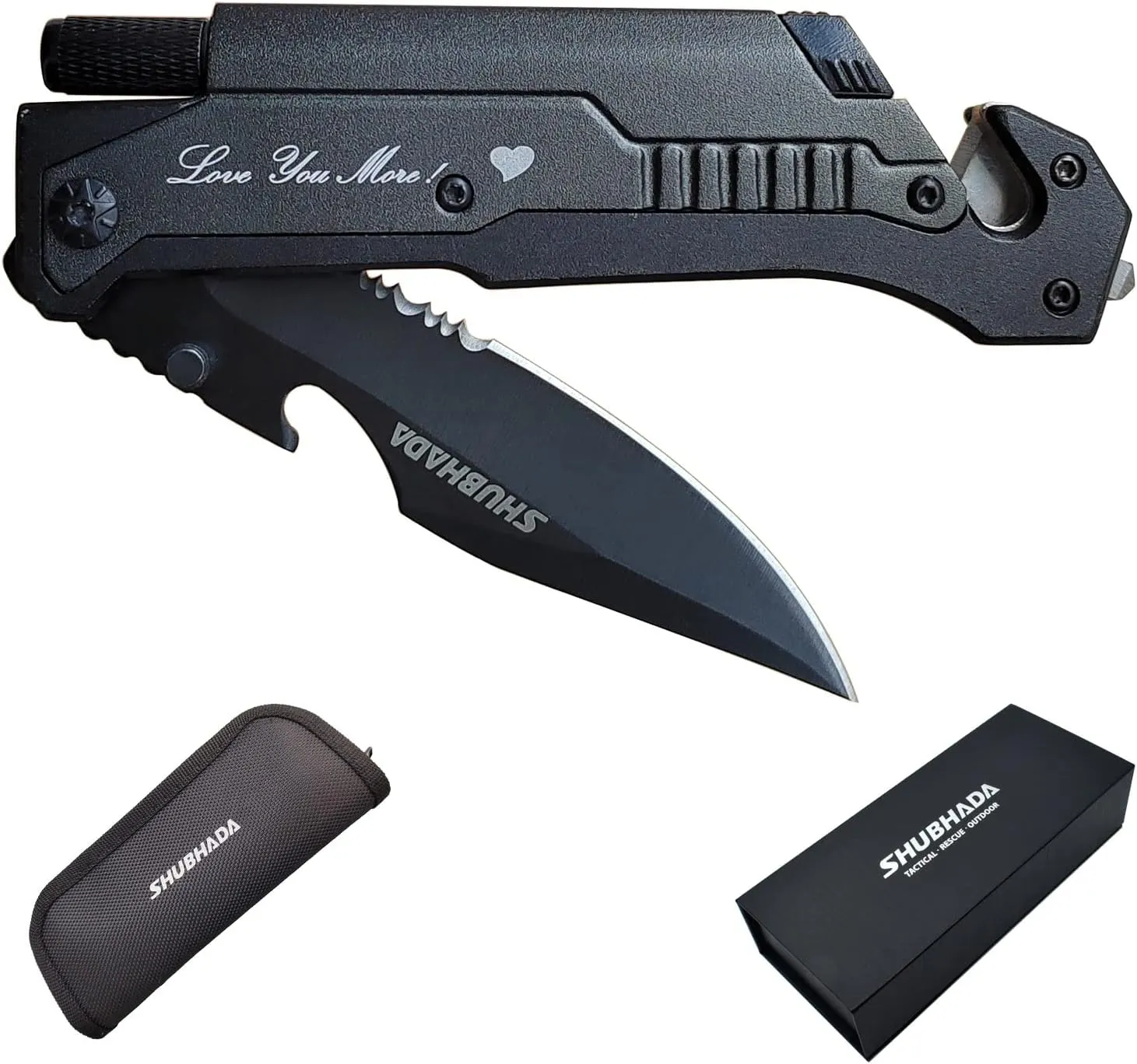 Father's Gift Folding Pocket Knives Multi Function Emergency Tool Knives Led Light Magnesium fire starter Seatbelt cutter Glass breaker Bottle opener（Black）