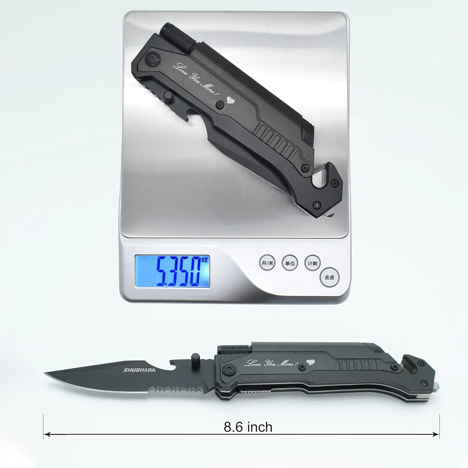 Father's Gift Folding Pocket Knives Multi Function Emergency Tool Knives Led Light Magnesium fire starter Seatbelt cutter Glass breaker Bottle opener（Black）