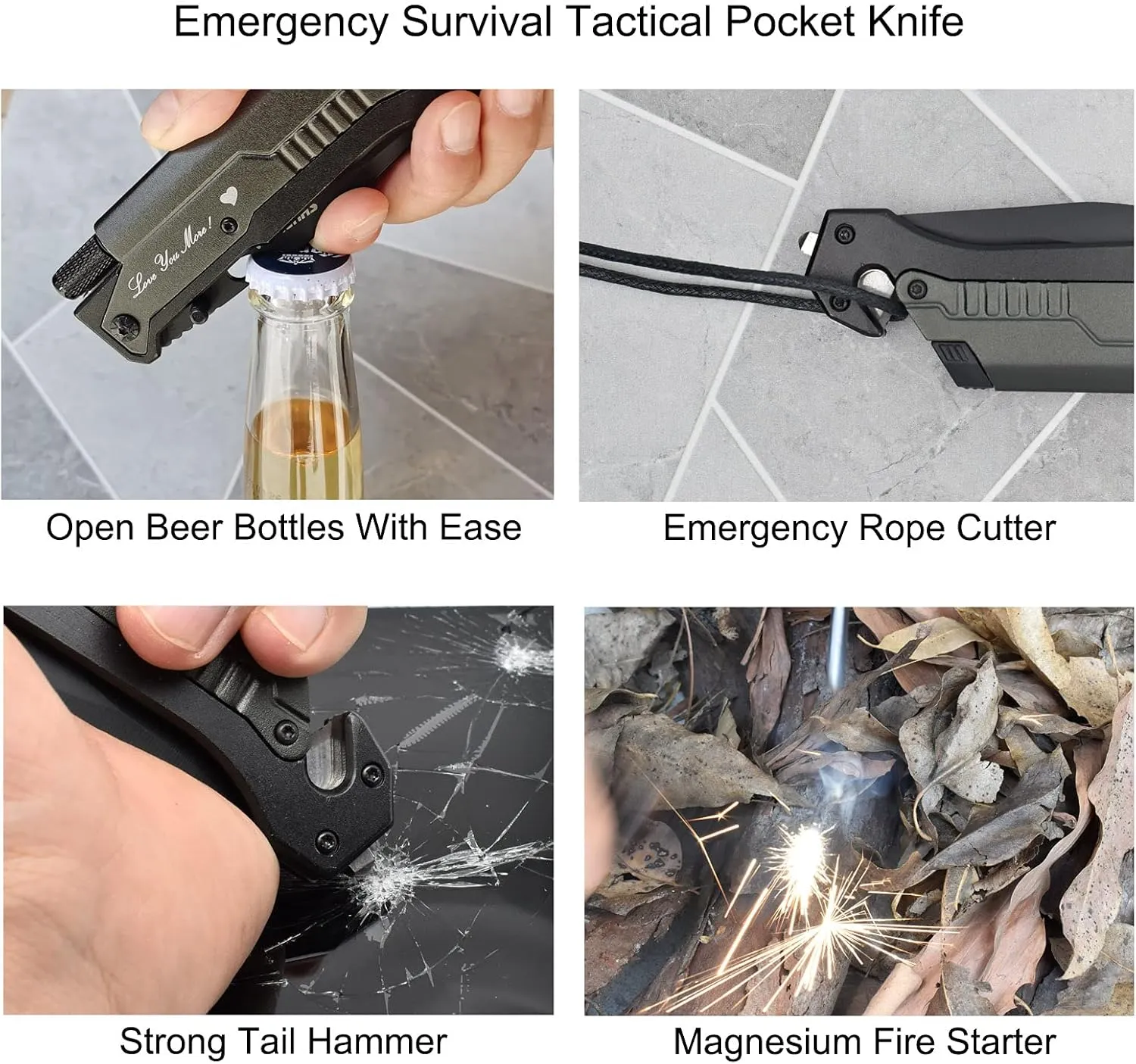 Father's Gift Folding Pocket Knives Multi Function Emergency Tool Knives Led Light Magnesium fire starter Seatbelt cutter Glass breaker Bottle opener（Black）