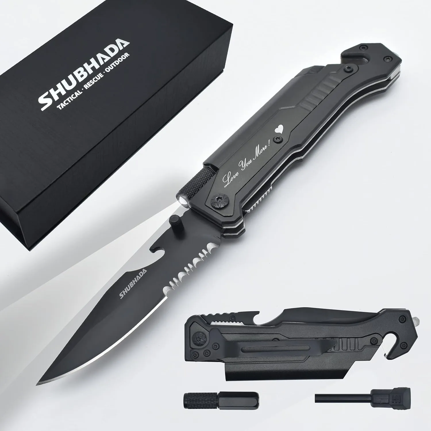 Father's Gift Folding Pocket Knives Multi Function Emergency Tool Knives Led Light Magnesium fire starter Seatbelt cutter Glass breaker Bottle opener（Black）