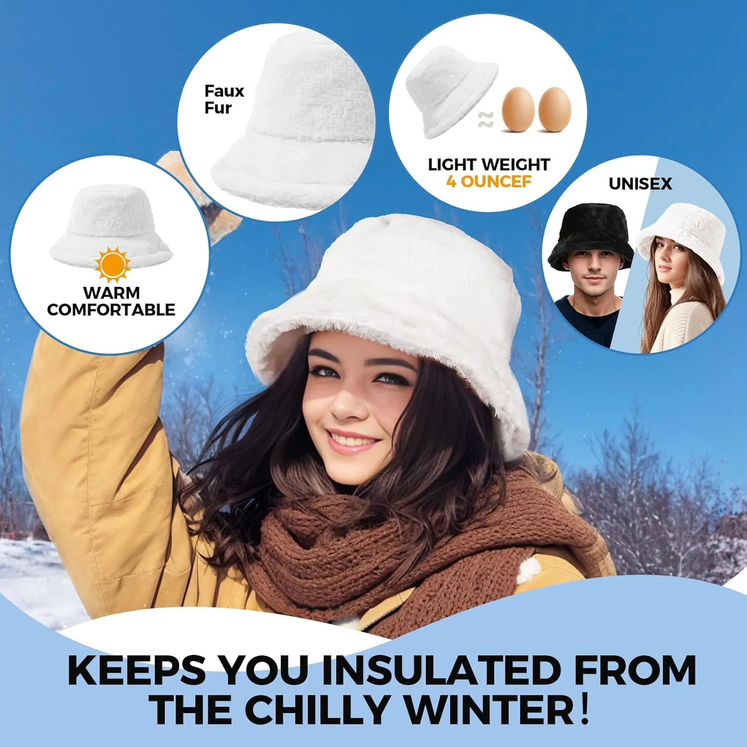 Faux Fur Winter Bucket Hat for Women Men Fuzzy Warm Hat Women's Furry Fisherman Cap for Casual, Trips, Sports, Skiing