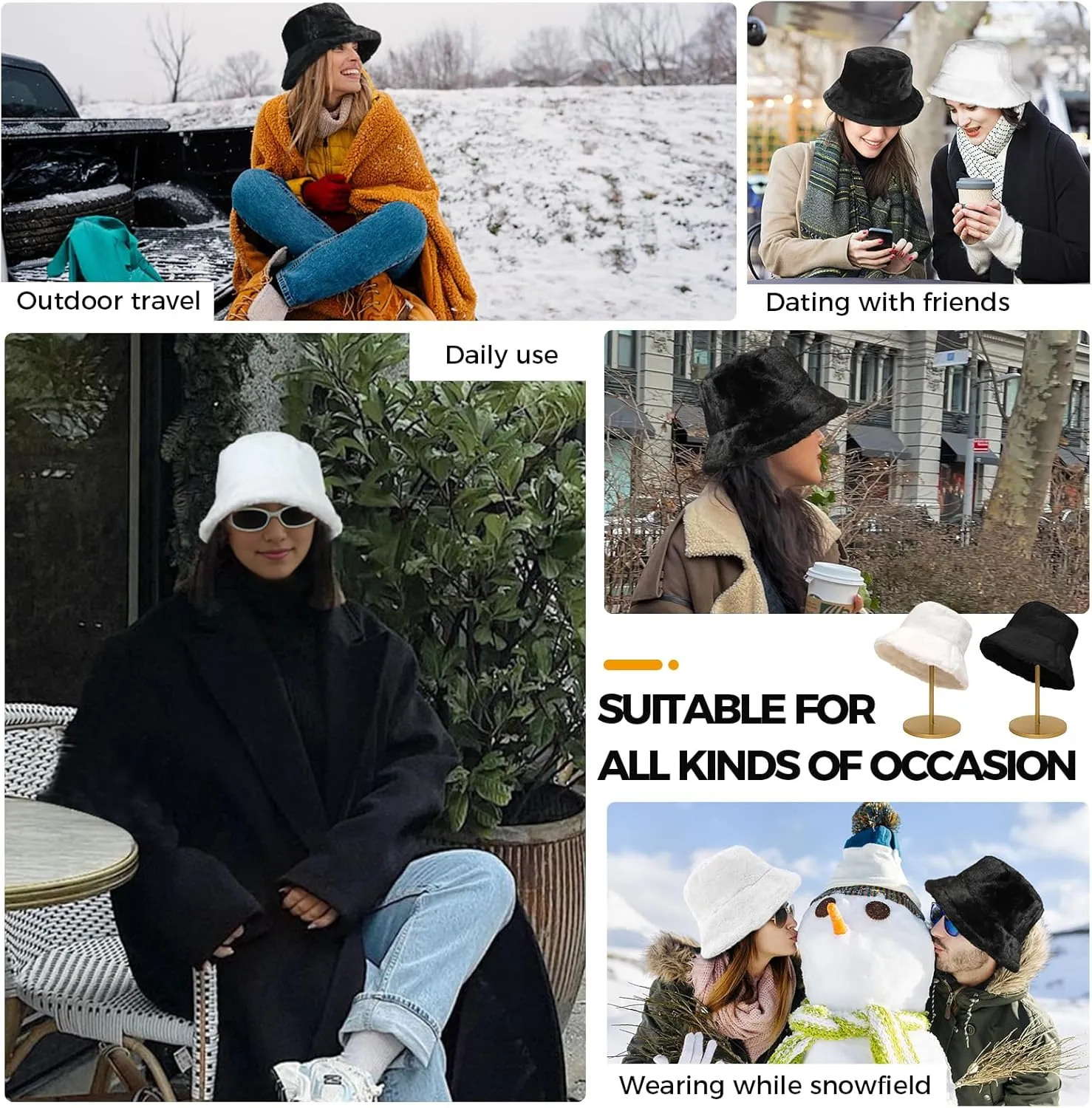 Faux Fur Winter Bucket Hat for Women Men Fuzzy Warm Hat Women's Furry Fisherman Cap for Casual, Trips, Sports, Skiing