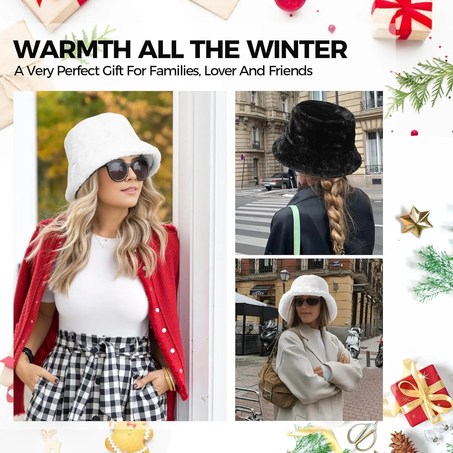 Faux Fur Winter Bucket Hat for Women Men Fuzzy Warm Hat Women's Furry Fisherman Cap for Casual, Trips, Sports, Skiing