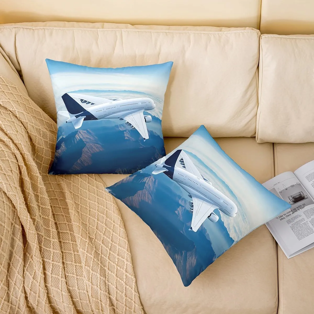 Feelyou Aircraft Throw Pillow Cover for Couch Sofa Bed, Airplane Print Decorative Pillows Cushion Cover,Aircraft Flying Blue Sky Helicopter Flying Plane Pillow Inserts Not Included,18x18 inch