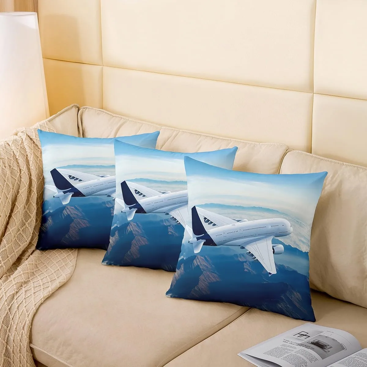 Feelyou Aircraft Throw Pillow Cover for Couch Sofa Bed, Airplane Print Decorative Pillows Cushion Cover,Aircraft Flying Blue Sky Helicopter Flying Plane Pillow Inserts Not Included,18x18 inch