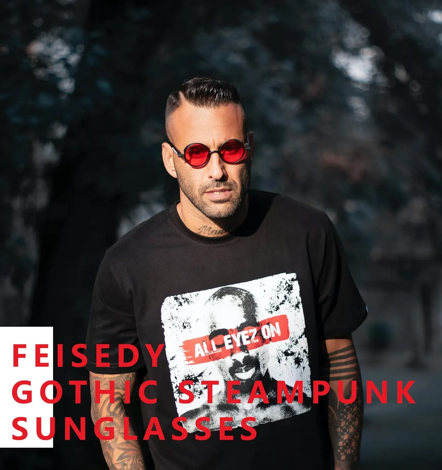 FEISEDY Retro Gothic Steampunk Sunglasses Round Metal Frame Punk Circle Inspired Shade Men B1857