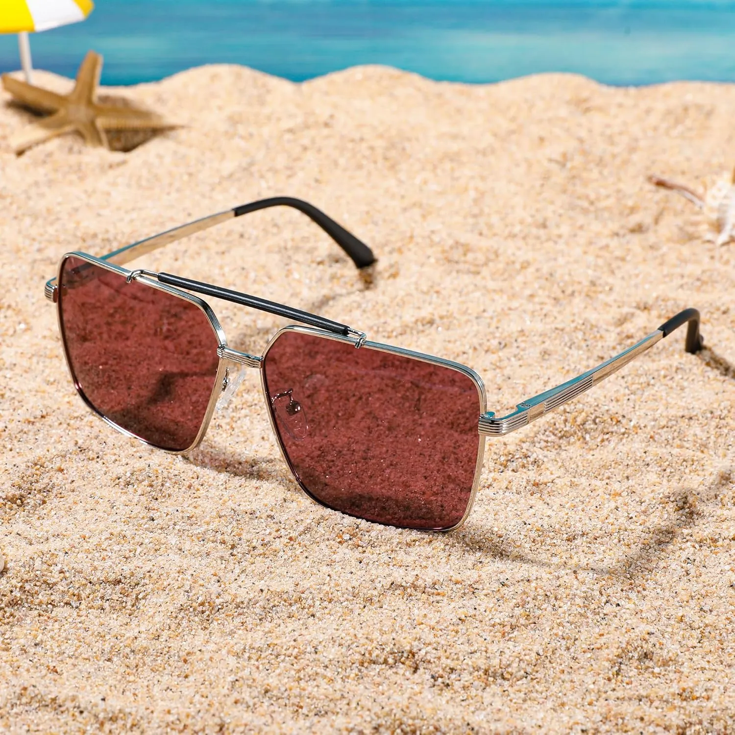 FEISEDY Trendy Polarized Aviator Sunglasses Womens Mens Retro Square Double Bridge Metal 90s Shades B0098