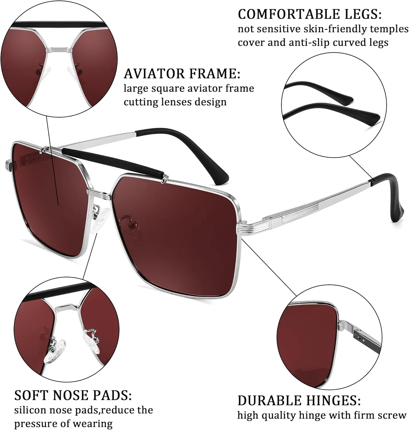 FEISEDY Trendy Polarized Aviator Sunglasses Womens Mens Retro Square Double Bridge Metal 90s Shades B0098