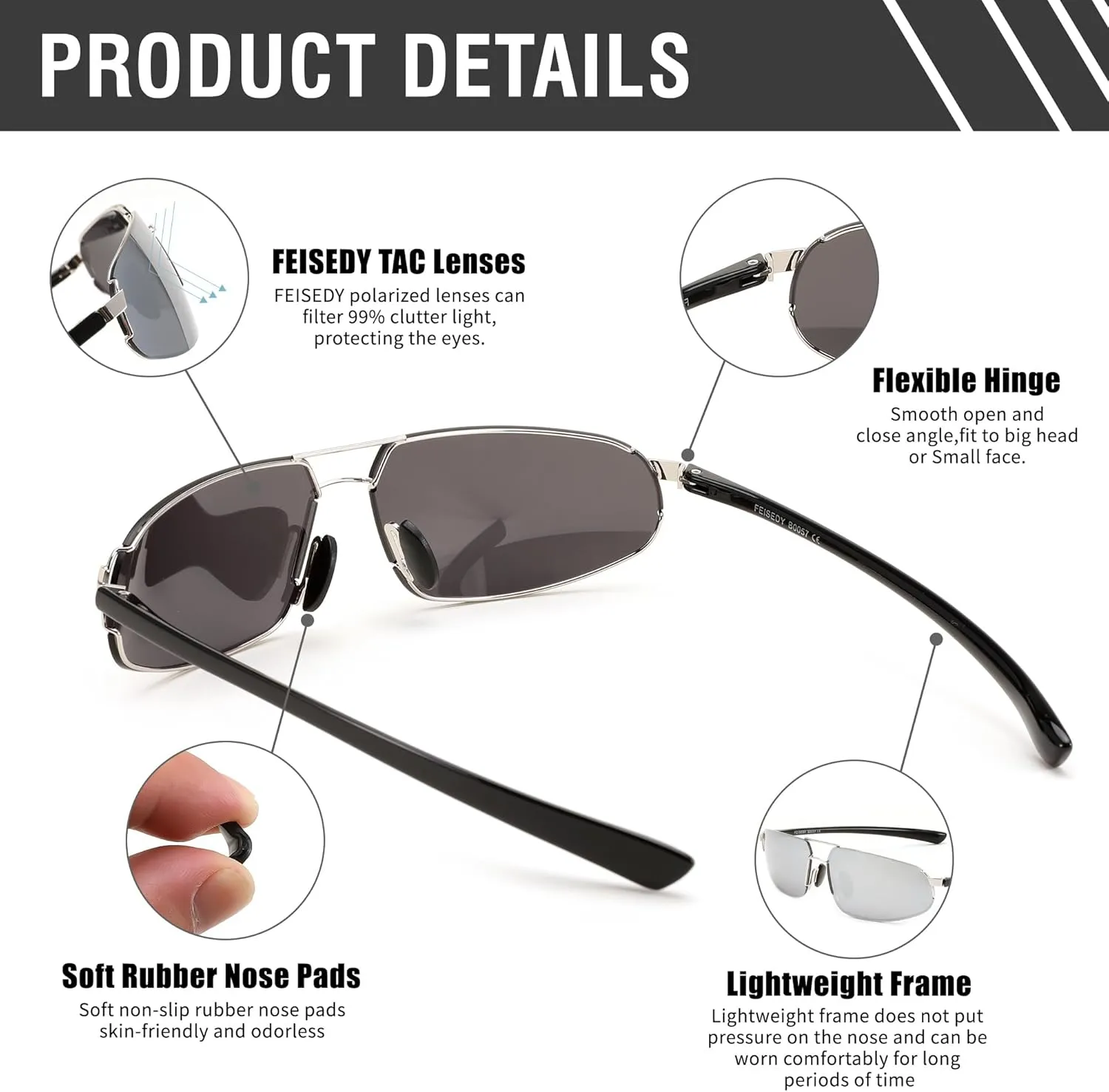 FEISEDY Vintage Sunglasses Men Polarized, Aviator Metal Frame Lightweight, Driving Fishing Running B0057