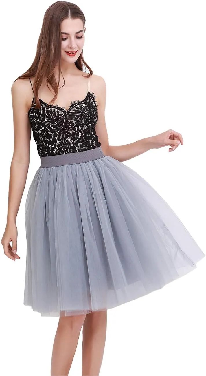 FEOYA Women Tutu Skirts 5 Layered Knee Length Tulle Skirt A-line Pleated Princess Skirts Evening Gown Prom Wedding Skirt
