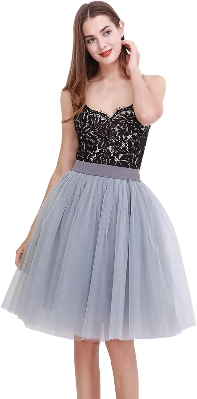 FEOYA Women Tutu Skirts 5 Layered Knee Length Tulle Skirt A-line Pleated Princess Skirts Evening Gown Prom Wedding Skirt