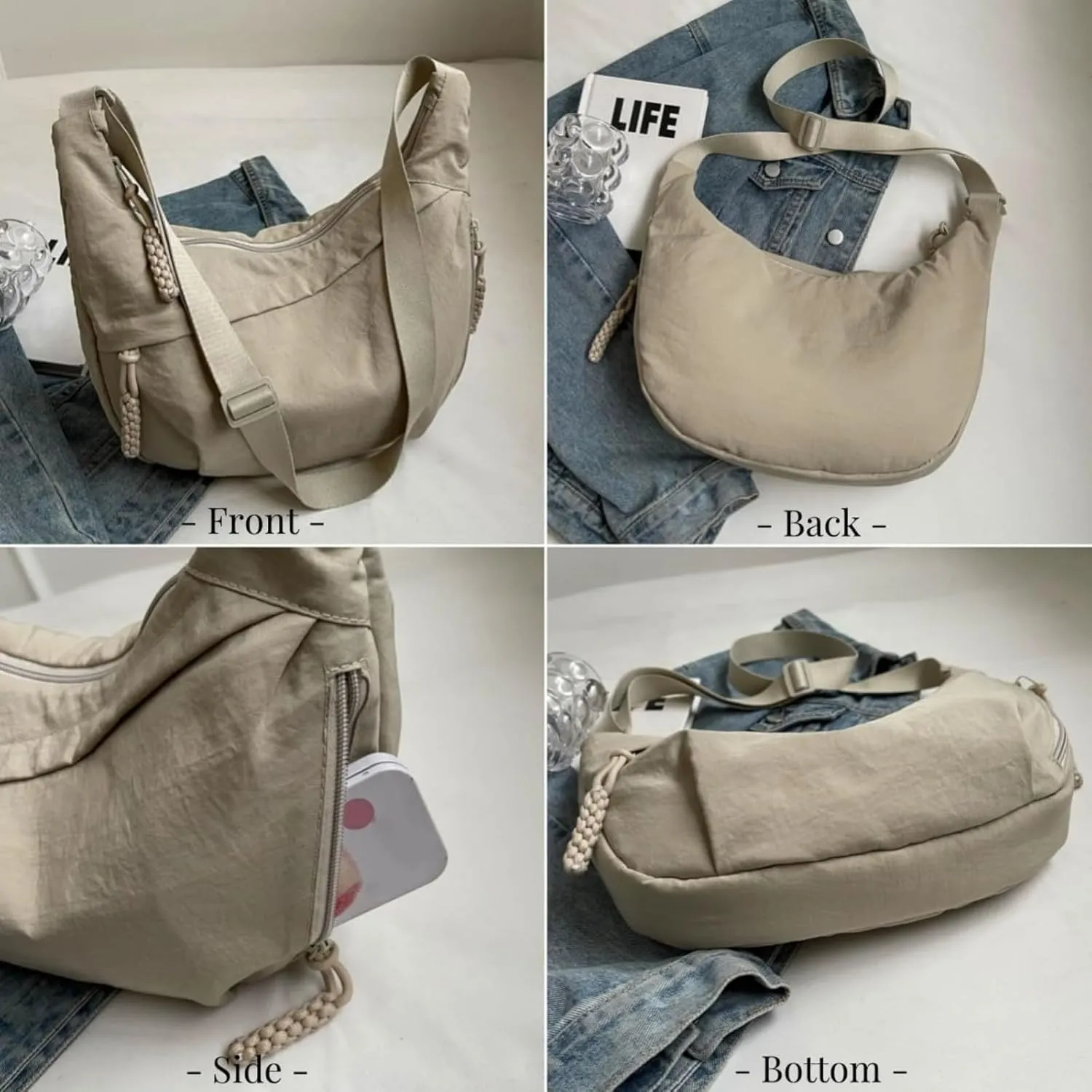 Festivalment Crossbody Bag, Fashion Plain Color Nylon Crossbody Bag, Cute Multi Pocket Sling Crescent Travel Size Purse