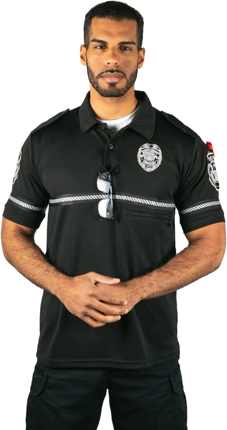 First Class Security Badge and Patch Bike Patrol Polo Shirt with Zipper Pocket and Reflective Hash Stripes