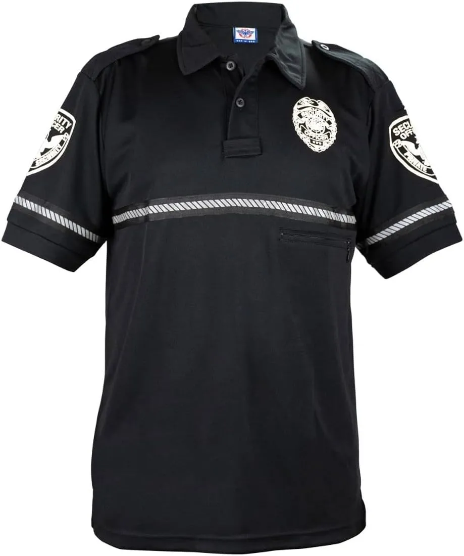 First Class Security Badge and Patch Bike Patrol Polo Shirt with Zipper Pocket and Reflective Hash Stripes