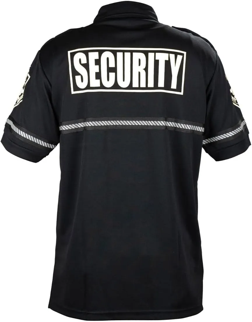 First Class Security Badge and Patch Bike Patrol Polo Shirt with Zipper Pocket and Reflective Hash Stripes