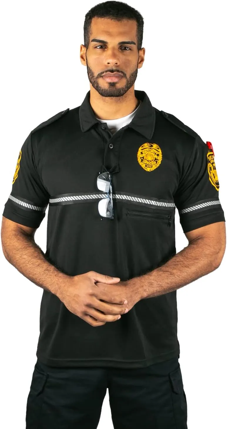 First Class Security Badge and Patch Bike Patrol Polo Shirt with Zipper Pocket and Reflective Hash Stripes