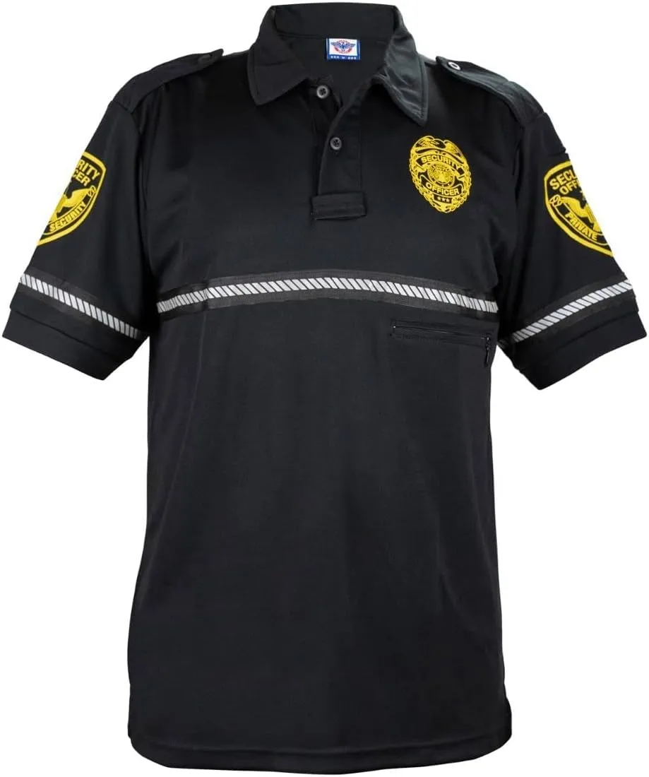 First Class Security Badge and Patch Bike Patrol Polo Shirt with Zipper Pocket and Reflective Hash Stripes