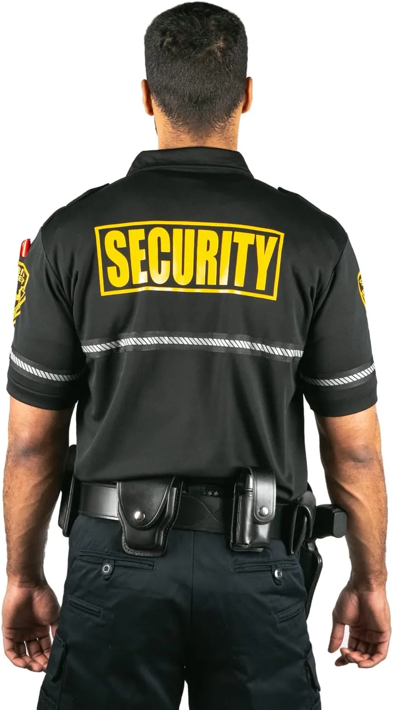 First Class Security Badge and Patch Bike Patrol Polo Shirt with Zipper Pocket and Reflective Hash Stripes