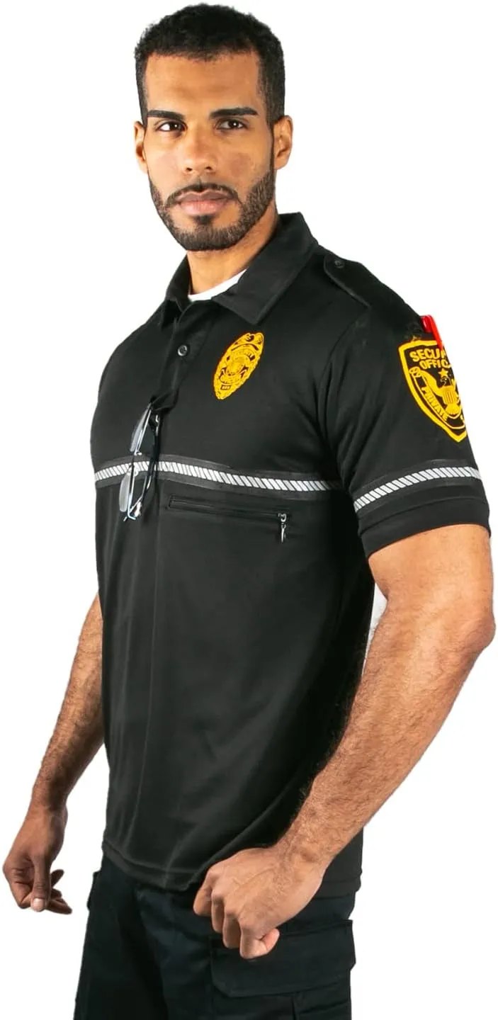 First Class Security Badge and Patch Bike Patrol Polo Shirt with Zipper Pocket and Reflective Hash Stripes