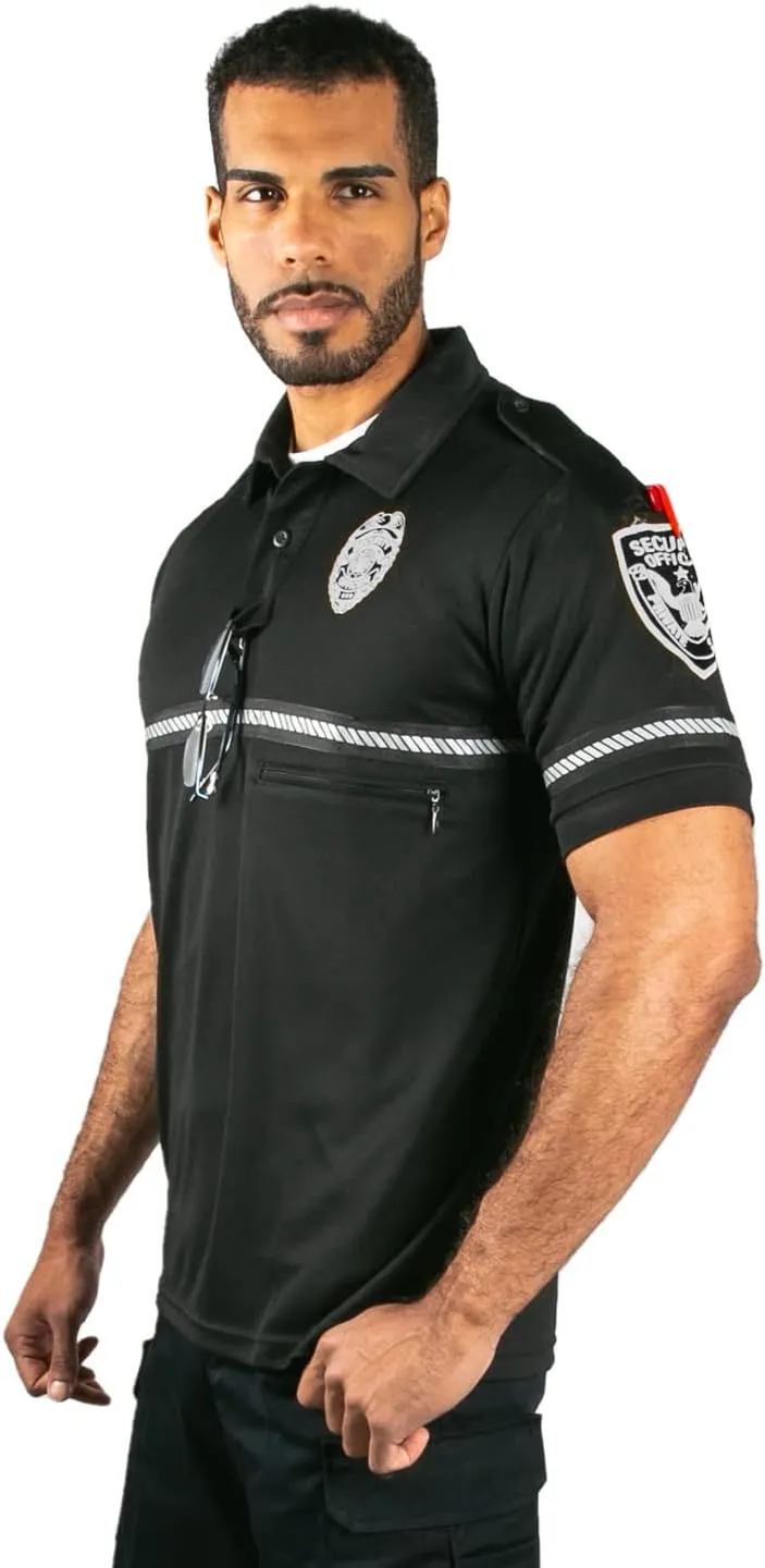First Class Security Badge and Patch Bike Patrol Polo Shirt with Zipper Pocket and Reflective Hash Stripes