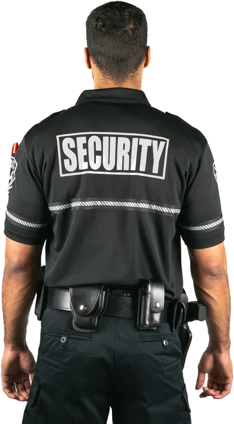 First Class Security Badge and Patch Bike Patrol Polo Shirt with Zipper Pocket and Reflective Hash Stripes