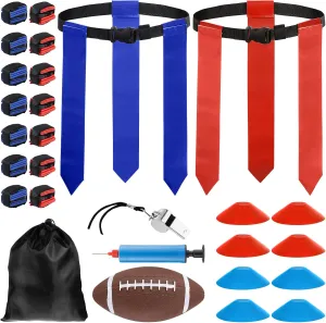 Flag Football Belts, 14 Player Adjustable Flag Football Set with 42 Flags, 8 Cones, Football, Pump, Whistle and Bag for Youth Adults Training(Red,Blue)