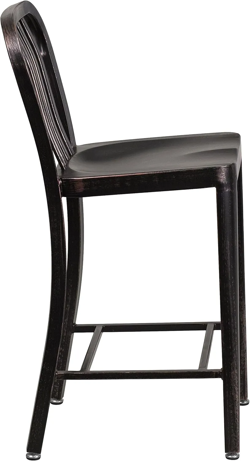 Flash Furniture Commercial Grade 24" High Black-Antique Gold Metal Indoor-Outdoor Counter Height Stool with Vertical Slat Back