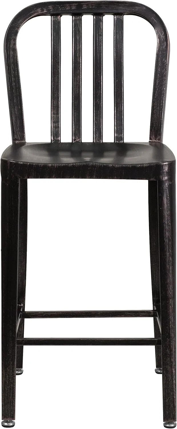 Flash Furniture Commercial Grade 24" High Black-Antique Gold Metal Indoor-Outdoor Counter Height Stool with Vertical Slat Back