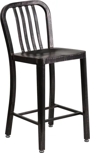 Flash Furniture Commercial Grade 24" High Black-Antique Gold Metal Indoor-Outdoor Counter Height Stool with Vertical Slat Back