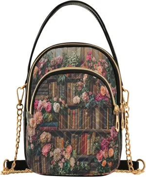 Flower Bookshelf Bookworm Crossbody Bag for Women Mini Cell Phone Purse Women's Shoulder Handbag