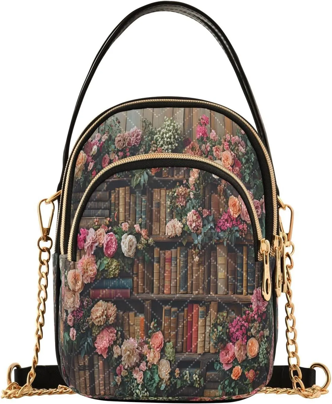Flower Bookshelf Bookworm Crossbody Bag for Women Mini Cell Phone Purse Women's Shoulder Handbag