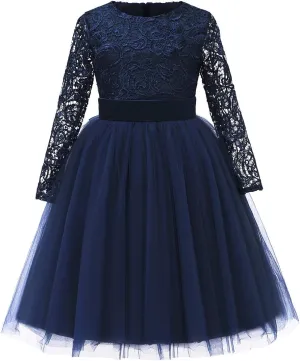 Flower Girl Dress Long Sleeves Lace Top Tulle Skirt Girls Lace Party Dresses