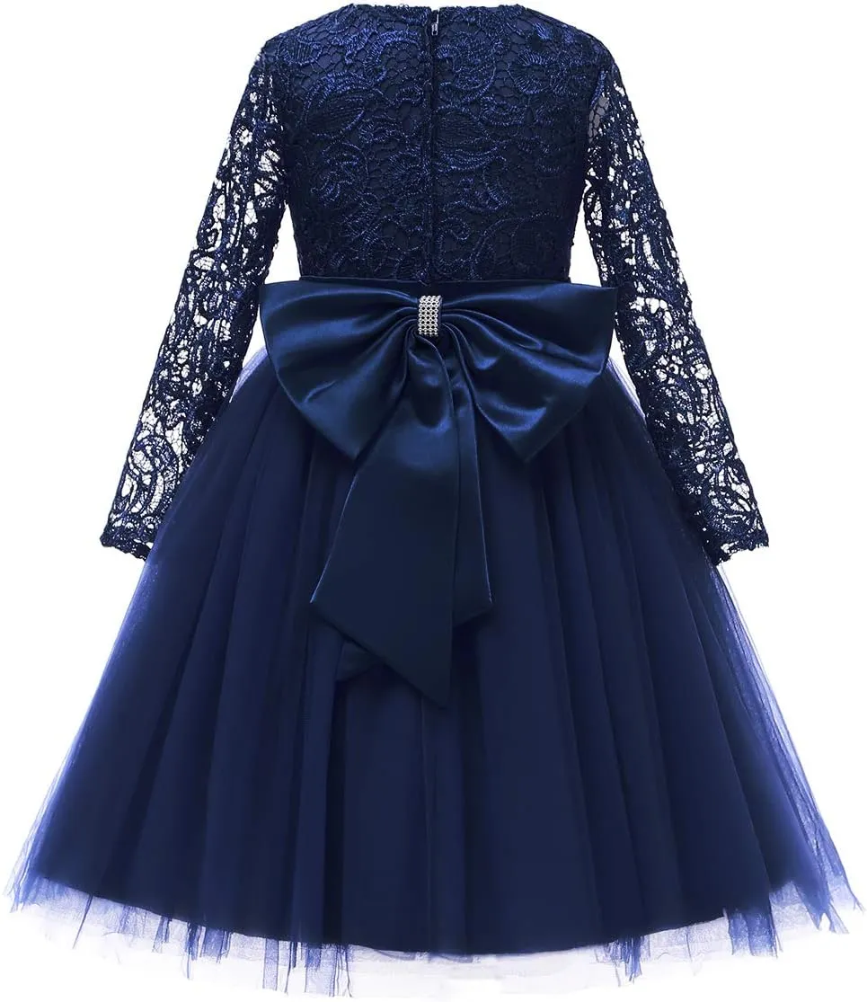 Flower Girl Dress Long Sleeves Lace Top Tulle Skirt Girls Lace Party Dresses