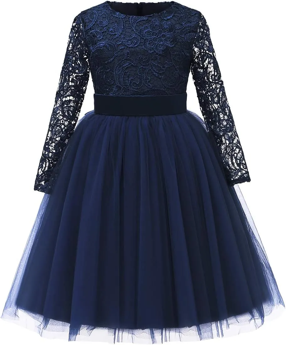 Flower Girl Dress Long Sleeves Lace Top Tulle Skirt Girls Lace Party Dresses