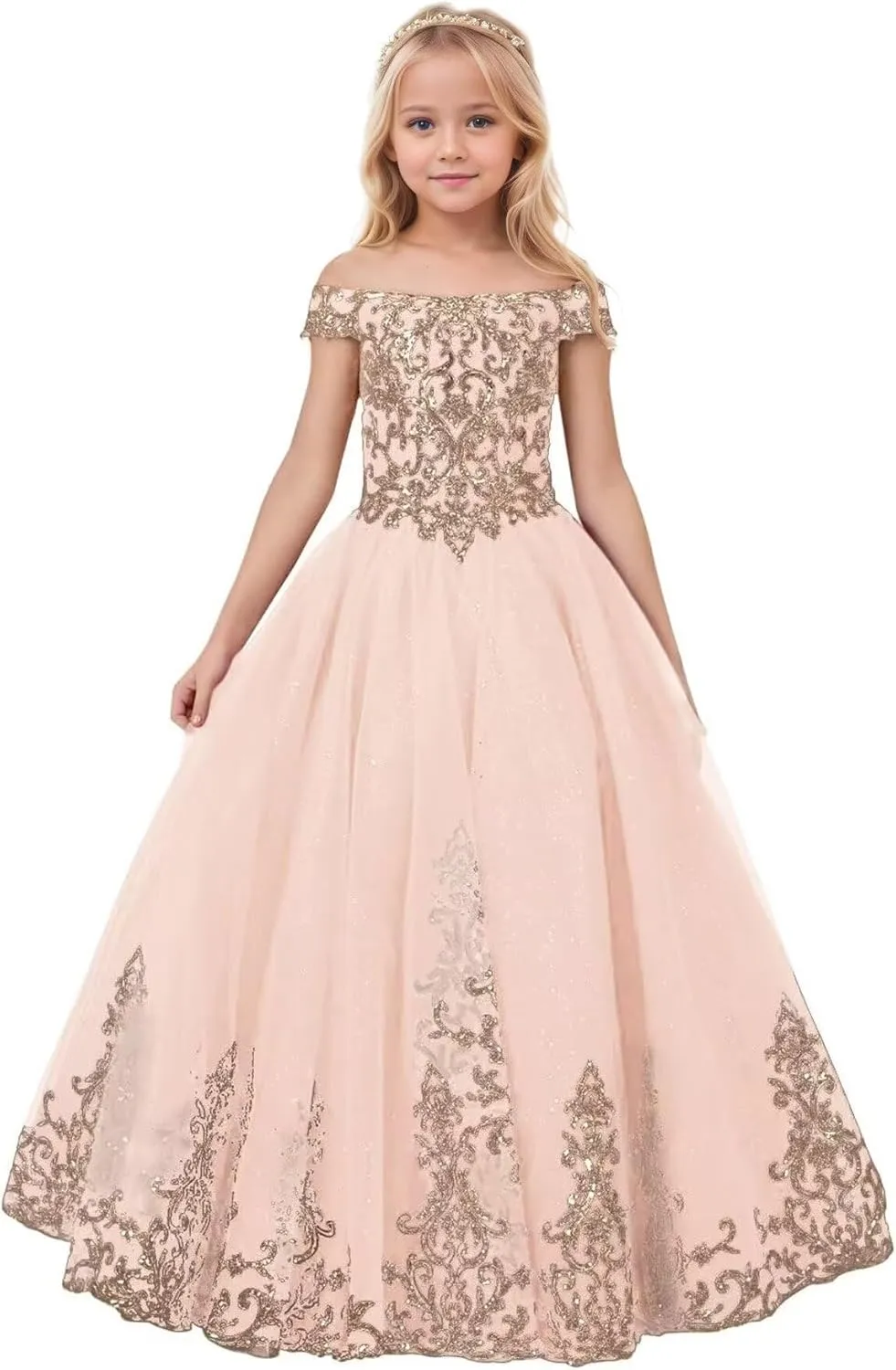 Flower Girl Dress Off Shoulder Princess Pageant Dresses for Girls Sleeveless Floral Prom Communion Wedding Ball Gown