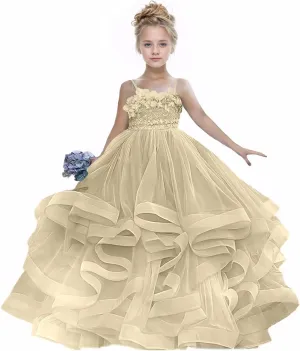 Flower Girl Dress Tulle Lace Floral Strapless Flower Girl Dresses for Wedding Long Pageant Dress Ball Gown 2-16Y