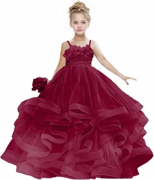 Flower Girl Dress Tulle Lace Floral Strapless Flower Girl Dresses for Wedding Long Pageant Dress Ball Gown 2-16Y