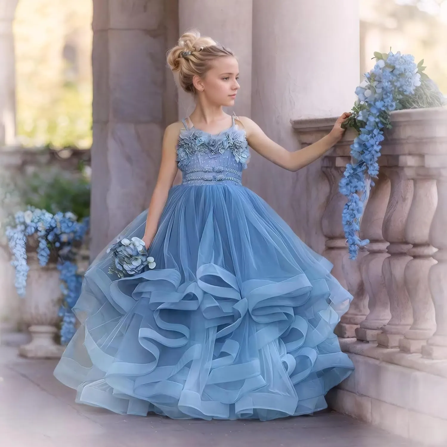 Flower Girl Dress Tulle Lace Floral Strapless Flower Girl Dresses for Wedding Long Pageant Dress Ball Gown 2-16Y