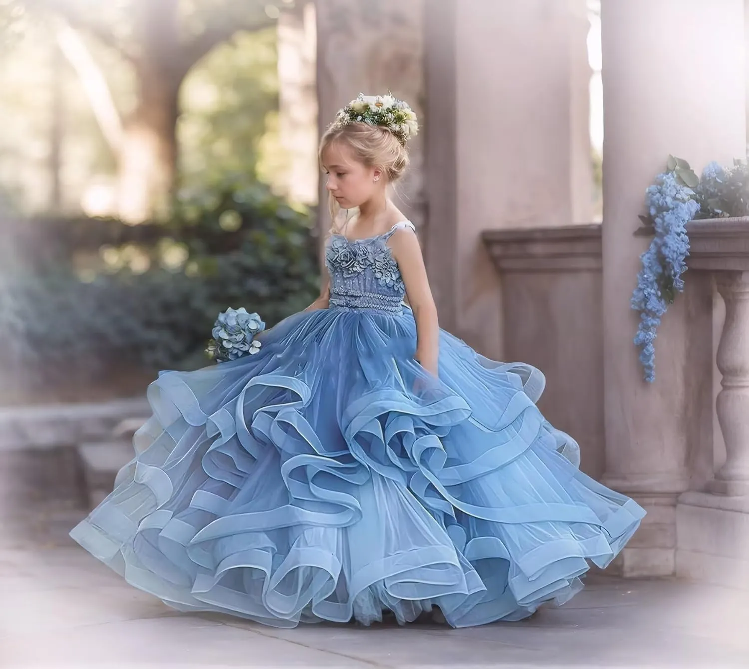 Flower Girl Dress Tulle Lace Floral Strapless Flower Girl Dresses for Wedding Long Pageant Dress Ball Gown 2-16Y