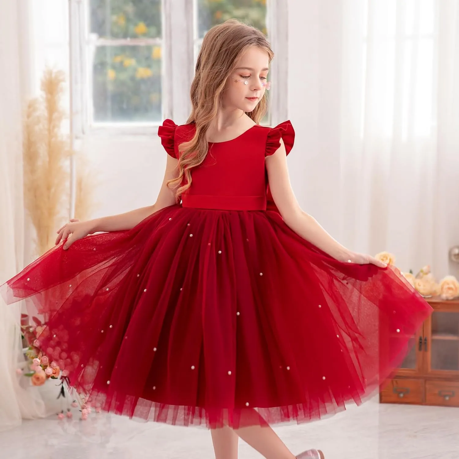 Flower Girl Dress Wedding Guest Ruffle Tulle Satin Party Birthday Princess Pageant Gown Kids Knee Length