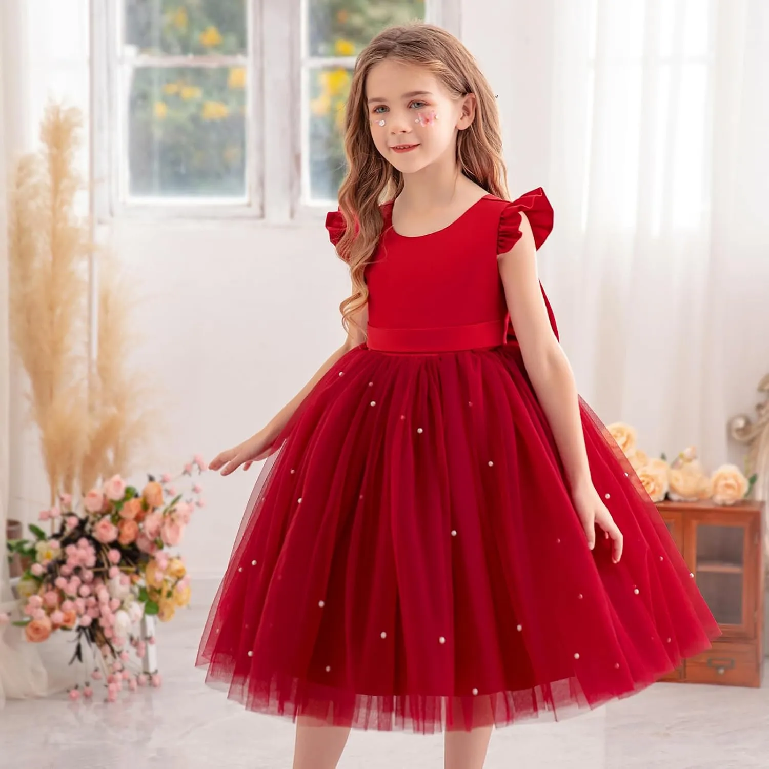 Flower Girl Dress Wedding Guest Ruffle Tulle Satin Party Birthday Princess Pageant Gown Kids Knee Length