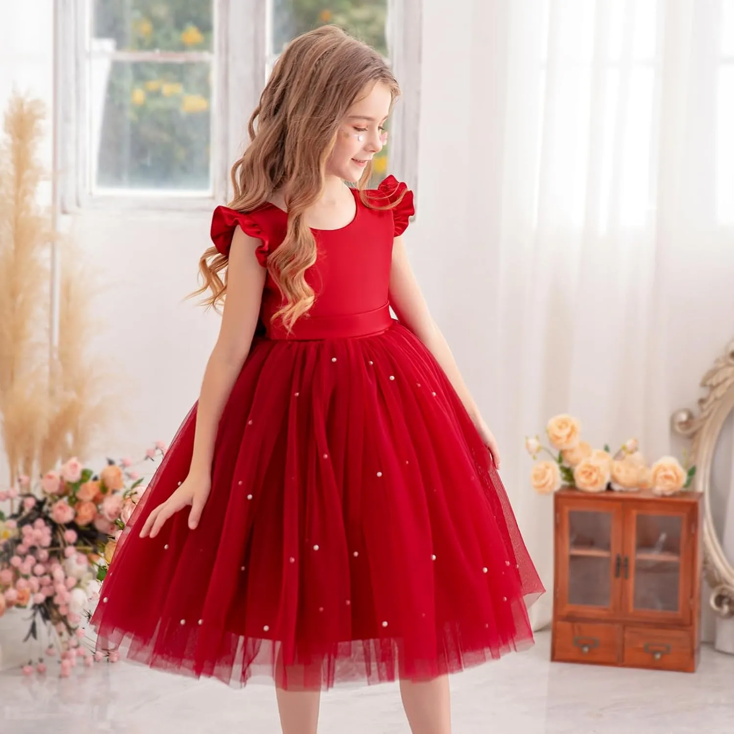 Flower Girl Dress Wedding Guest Ruffle Tulle Satin Party Birthday Princess Pageant Gown Kids Knee Length
