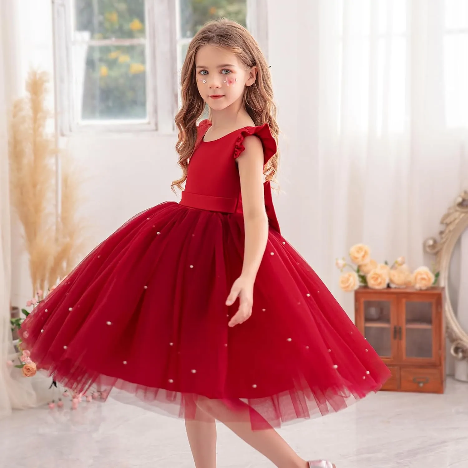 Flower Girl Dress Wedding Guest Ruffle Tulle Satin Party Birthday Princess Pageant Gown Kids Knee Length