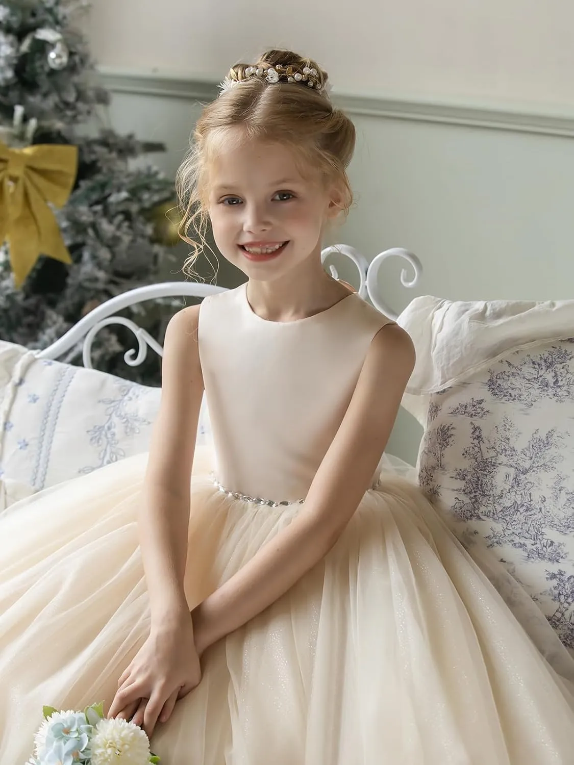 Flower Girl Dresses for Wedding Puffy Satin Tulle Princess Pageant Dress for Girls Crew Neck Tulle Bow Prom Ball Gowns
