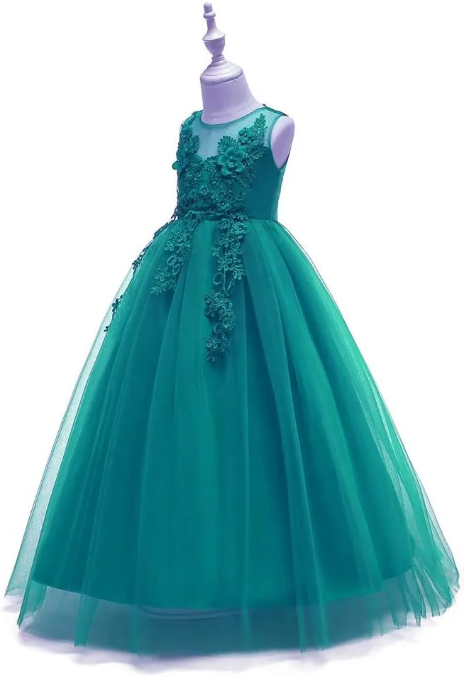 Flower Girls Vintage Lace Maxi Bridesmaid Dress Princess Birthday Wedding Party Tulle Pegeant Evening Formal Prom Dance Gown